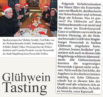 Sparkassensprecher Mathias Geraldy, Fred Rabe von der Weihnachtsmarkt GmbH, Stadtmanager Steffen Schüller, Ralph Völker, Pressesprecher der Polizeidirektion und Cornelia Poenicke von der Pressestelle der Stadt Magdeburg beim Presseclub-Treffen.